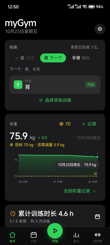 用户提供的 myGym Android 首页截图:轮换训练、体重与累计训练时长